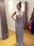 Sheath Silver Tulle Backless Halter Sleeveless Prom Dress LBQ0556